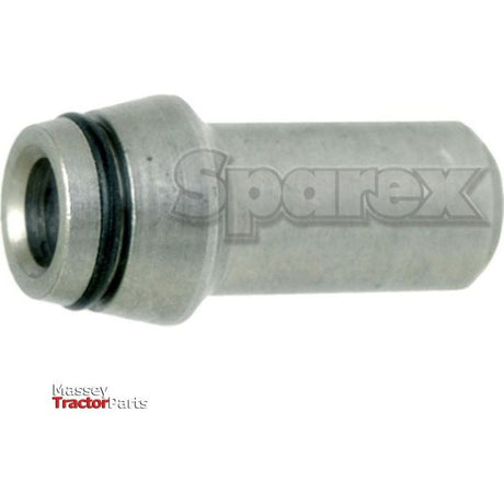 Close-up of a cylindrical metal tractor part with two black rings; text overlay reads "Sparex," and the bottom left displays "Massey Tractor Parts." Includes Hydraulic Metal Pipe Weld-on Stud Coupling 12LS | Sparex Part No.S.34228.