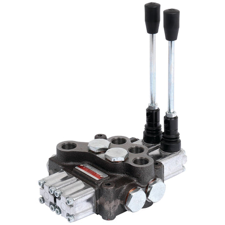 The Sparex Hydraulic Monoblock Valve (Sparex Part No. S.24458) features two vertical levers and multiple 1/2'' BSP ports, designed for controlling fluid flow in hydraulic systems. This metallic, primarily silver valve includes several bolts and fittings, and is capable of handling a 60 L/min flow rate.