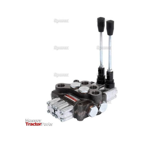 Image of a Sparex Hydraulic Monoblock Valve with two levers displayed on a white background. The Sparex Hydraulic Monoblock Valve S.24458 offers a 60 L/min flow rate and 1/2'' BSP ports, featuring the "Sparex" and "Massey Tractor Parts" logos.