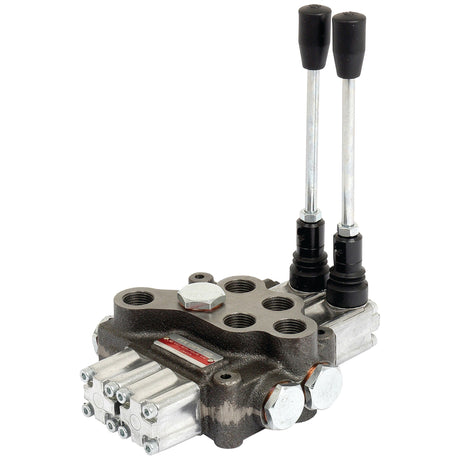 The Sparex Hydraulic Monoblock Valve 1/2'' BSP Ports 2 Bank (60 L/min Flow Rate), Sparex Part No.S.24459, ensures precise control and boasts a maximum working pressure with its multiple ports and metallic finish.