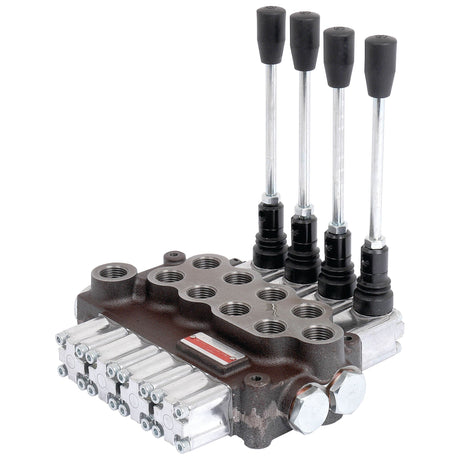 The Sparex Hydraulic Monoblock Valve, featuring four banks and 1/2'' BSP ports with a 60 L/min flow rate, is designed by Sparex. The device combines metal construction with some plastic components. Its part number is S.24467.
