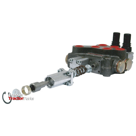A hydraulic control valve for tractors, featuring a metal body with several ports and a spring mechanism, displayed on a white background. The Massey Tractor Parts logo is visible on the lower left, and this Sparex - Detent Kit - Fits Sparex 3/8'' & 1/2'' Monoblock Valve (Sparex Part No.S.24450) promises durability and efficiency.
