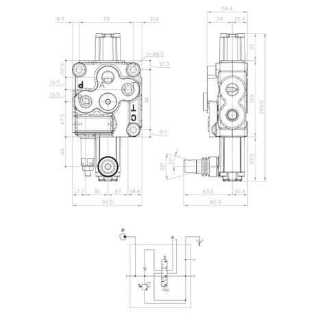 Technical diagram of the Sparex Hydraulic Monoblock Valve 3/8" BSP Ports (Part No. S.24435) featuring single acting spools with annotated measurements in millimeters, front and side views, a corresponding schematic at the bottom, and details on the relief valve setting for a flow rate of 45 L/min.