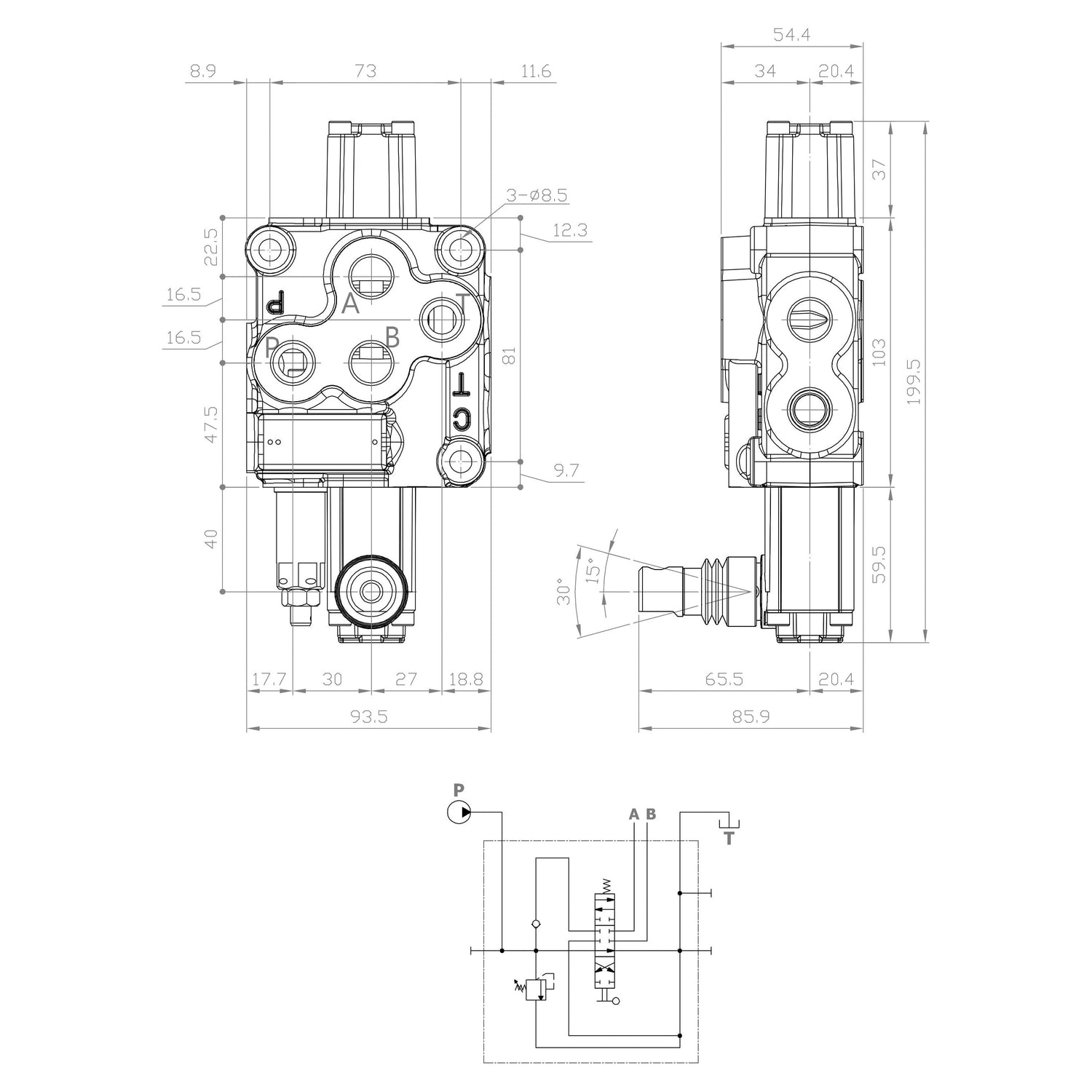 Technical drawing of the Sparex Hydraulic Monoblock Valve 3/8'' BSP Ports 1 Bank (45 L/min Flow Rate) | Sparex Part No.S.24436, with front and side views, including detailed measurements and a simplified hydraulic schematic at the bottom. The drawing also specifies the relief valve setting and includes details on double acting spools.