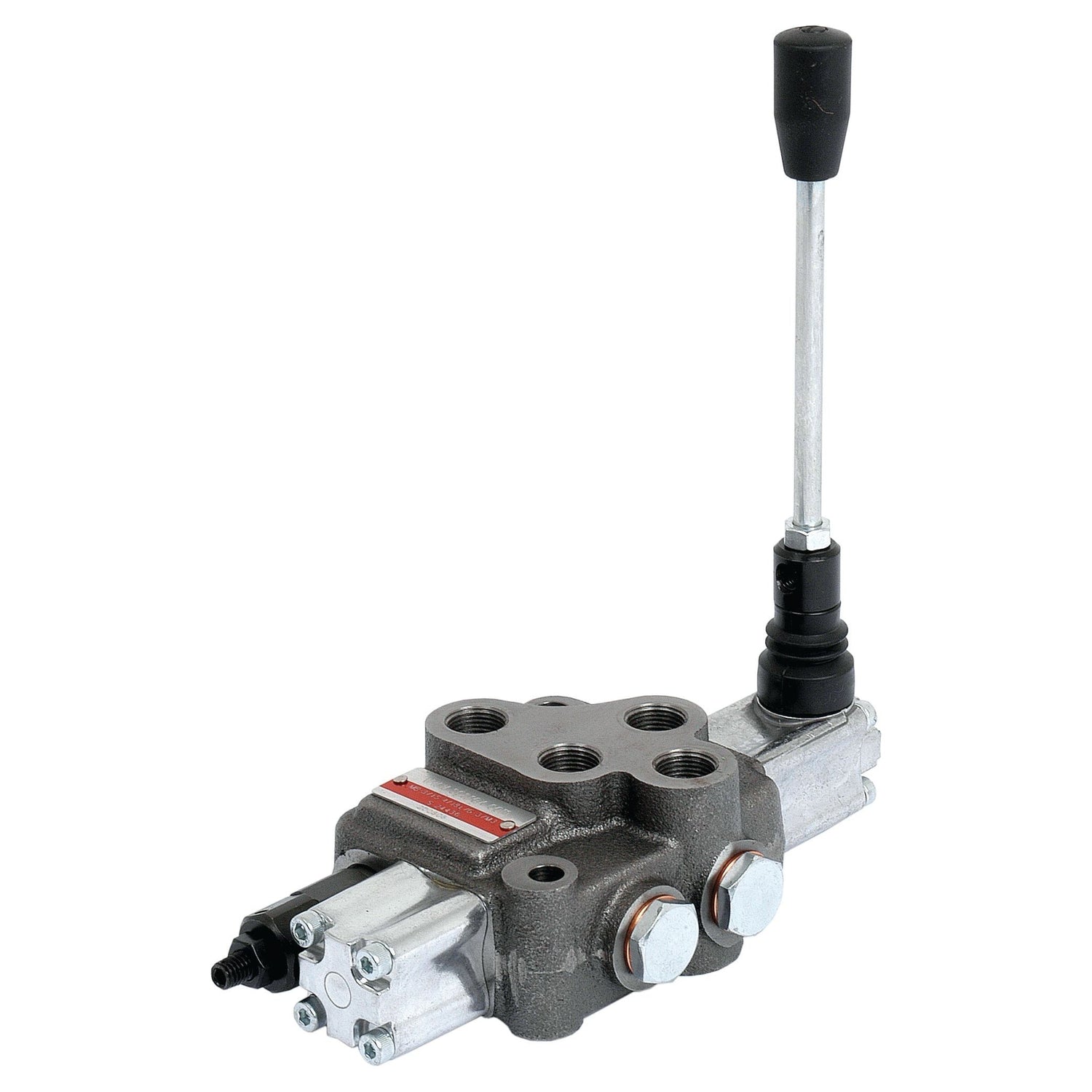 Introducing the Sparex Hydraulic Monoblock Valve (Sparex Part No. S.24436), featuring 3/8'' BSP ports, a single bank, a long lever with a black handle, double-acting spools, and standard fittings for optimal fluid control in machinery with a flow rate of up to 45 L/min.
