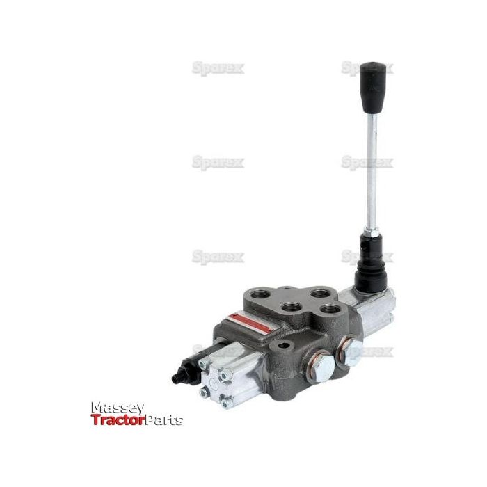 A silver Sparex Hydraulic Monoblock Valve, featuring a long lever and several 3/8'' BSP ports, is displayed on a white background. The branding "Massey Tractor Parts" and "Sparex" is visible on the image. This model, with part number S.24436, has double acting spools for versatile operation and offers a flow rate of 45 L/min.