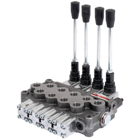 The Sparex Hydraulic Monoblock Valve 3/8'' BSP Ports 4 Bank (Sparex Part No. S.24447) is a robust metallic control unit featuring four levers, double acting spools, and multiple ports designed for efficient fluid management with a flow rate of up to 45 L/min.