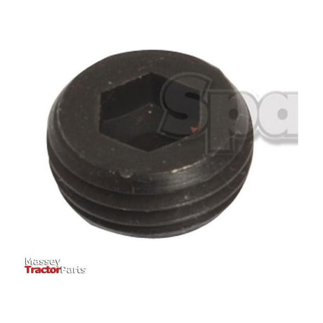 A close-up view of a black hexagonal socket set screw, often used in machinery, against a white background with partial "Spa" text visible behind it. The image hints at components like the Sparex - Closed Centre Plug that fits the Sparex 3/8'' & 1/2'' Monoblock Valve (Sparex Part No.S.24453) commonly found in industrial settings.