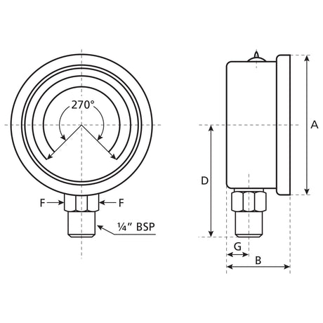 Technical drawing of the Hydraulic Pressure Gauge Ø63mm (0-100 bar) with dimensions labeled. The front and side views highlight measurements A, B, D, and G. The bottom entry shows a 1/4'' BSP fitting.

Sparex Part No.S.153758