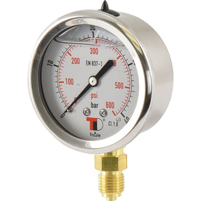 The Sparex Hydraulic Pressure Gauge Ø63mm (0-40 bar), Sparex Part No. S.153757, features a dual-scale dial displaying measurements in both psi and bar, with a 1/4'' BSP brass bottom entry connector. The needle is positioned near 0 psi within the Pressure (0-40 bar) range.