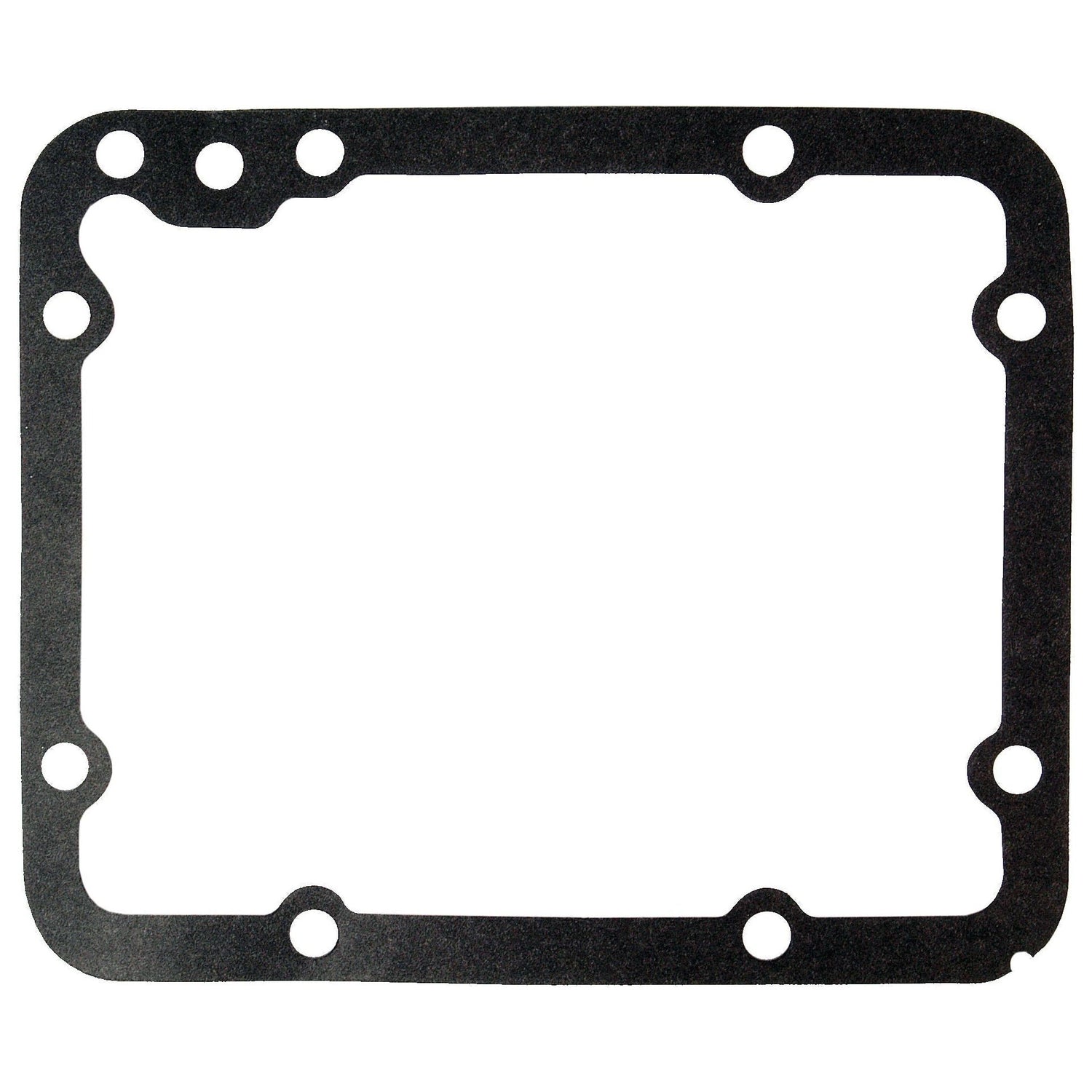 The Hydraulic Pump Gasket by Sparex, Part No. S.61320, is a rectangular black gasket with rounded corners and eight evenly spaced bolt holes along its perimeter, making it ideal for connecting a pump to housing.