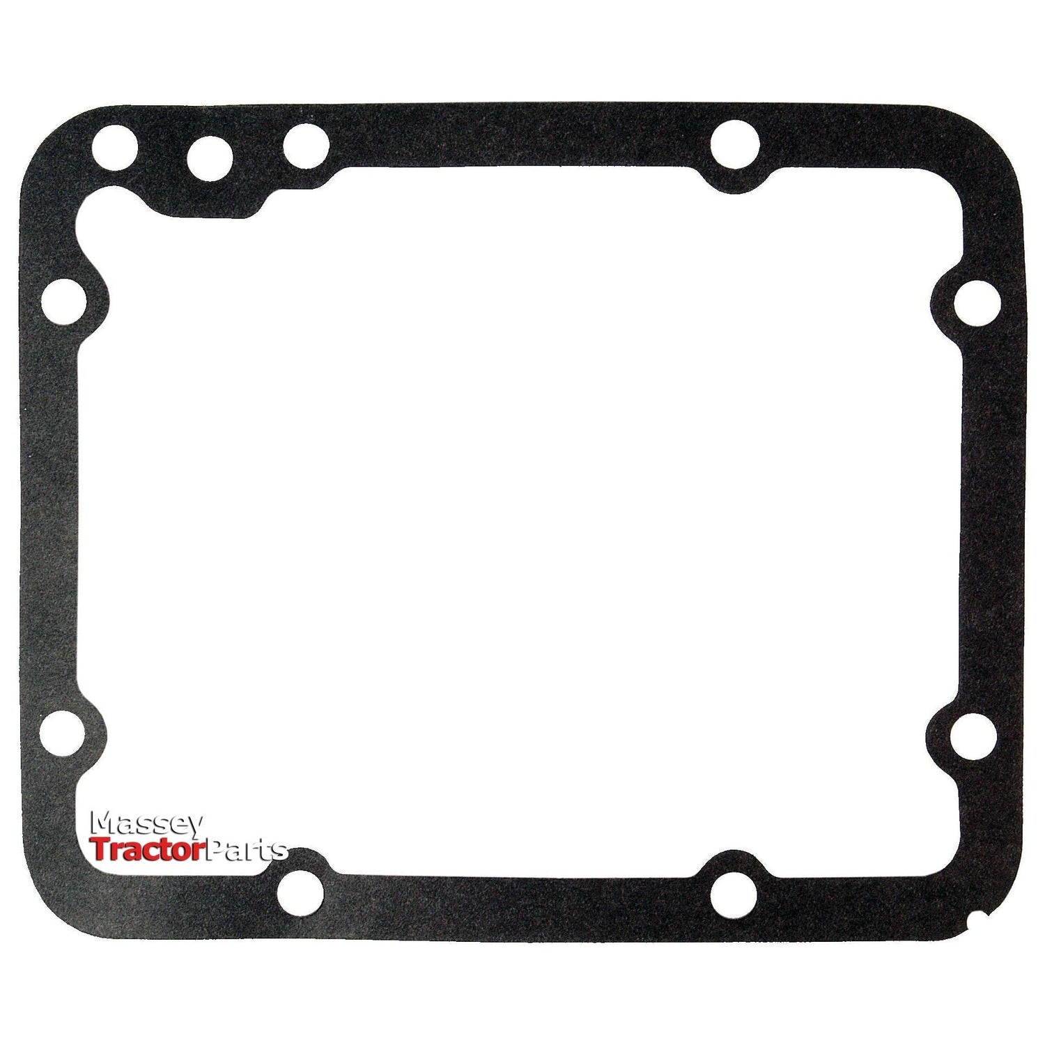 The Sparex hydraulic pump gasket (Sparex Part No.S.61320) is a rectangular gasket with rounded corners and multiple bolt holes, specifically designed for tractor parts. Made from durable Toranit 413 material, this black gasket features the text "Massey Tractor Parts" on its lower-left corner.