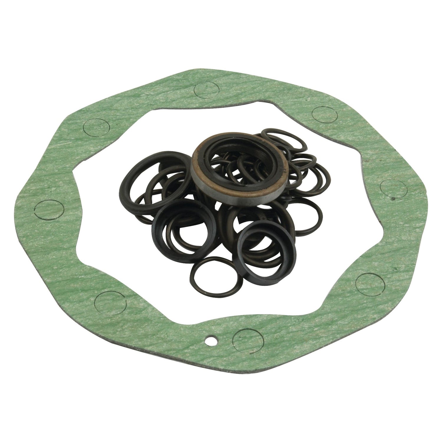 A green gasket with 8 bolt holes and a collection of black O-rings, all isolated on a white background, from the Hydraulic Pump Gasket Set by Sparex (Part No. S.61845).