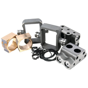 A set of industrial metal components, including rectangular frames, cylindrical bearings, and various-sized O-rings arranged on a white background, perfect for the Sparex Hydraulic Pump Repair Kit - S.40843.