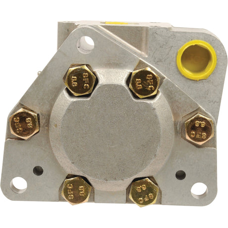 Close-up of a metallic mechanical component, resembling the Sparex Hydraulic Pump (Part No. S.57576), featuring six hexagonal bolts and a yellow capped port on one side.