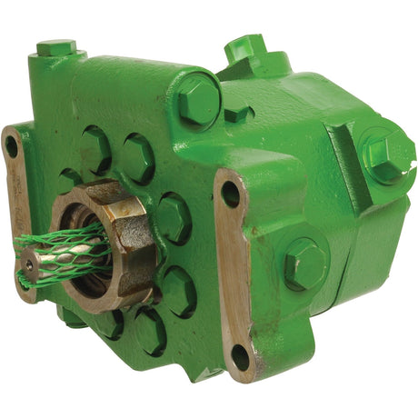 Sparex's Hydraulic Pump (Part No.S.60551) is a green unit with a keyed shaft, multiple bolts, and a metal fitting on one end, designed for use in machinery and equipment.