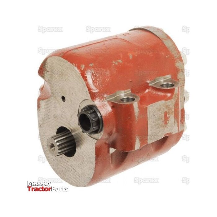 A detailed close-up of a red hydraulic pump part, known as the Hydraulic Pump - S.64685 from Sparex. It features a cylindrical shape with metal fittings and a gear shaft, designed for optimal pump rotation. The words "Massey Tractor Parts" are visible at the bottom left corner.