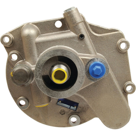 Close-up view of the Sparex Hydraulic Pump (Part No. S.65385), showcasing its metallic structure, circular central opening, various bolts, and a blue cap.