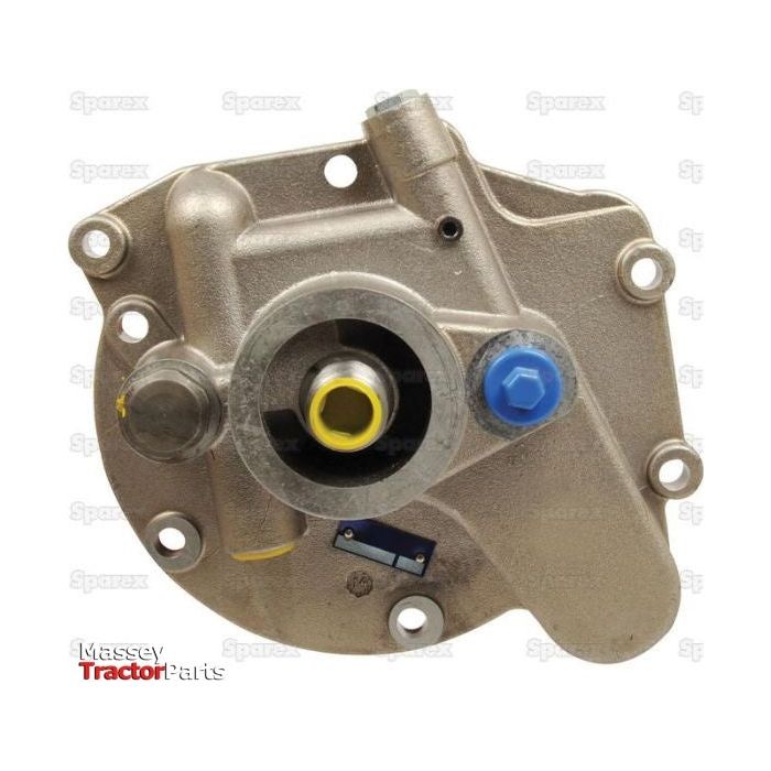 Close-up of a Sparex Hydraulic Pump (Sparex Part No. S.65385) mounted on the transmission of a Massey Ferguson tractor, showcasing identifiable mounting bolts and fluid connections.