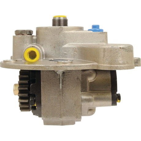 Close-up of the Sparex Hydraulic Pump (Sparex Part No. S.65385) displaying various fittings and gears, featuring yellow, blue, and black components. The gear-type design highlights its intricate engineering.