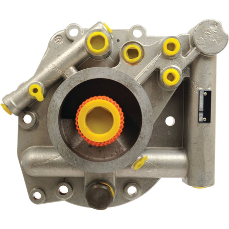A metallic automotive part with multiple yellow-capped ports, a large central opening, and various bolts and connectors, resembling the Sparex Hydraulic Pump (Part No. S.66326).