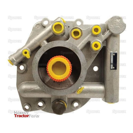 A metallic tractor part featuring multiple yellow, orange, and metallic components, with a large circular opening in the center. The text "Massey Tractor Parts" is visible in the bottom left corner. This gear-type component is likely the Hydraulic Pump (Sparex Part No.S.66326) from Sparex.