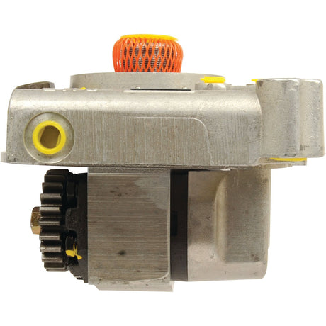 Side view of the Hydraulic Pump | Sparex Part No. S.66326, showcasing visible gears and a yellow-capped inlet/outlet by Sparex.