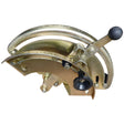 The Hydraulic Quadrant Assembly (Sparex Part No. S.43898) from the Sparex brand, often found in Massey Ferguson toolkits, is essential for bending pipes and tubing in various construction or plumbing applications with its brass metal pipe bender featuring a black handle and circular gauge wheel.