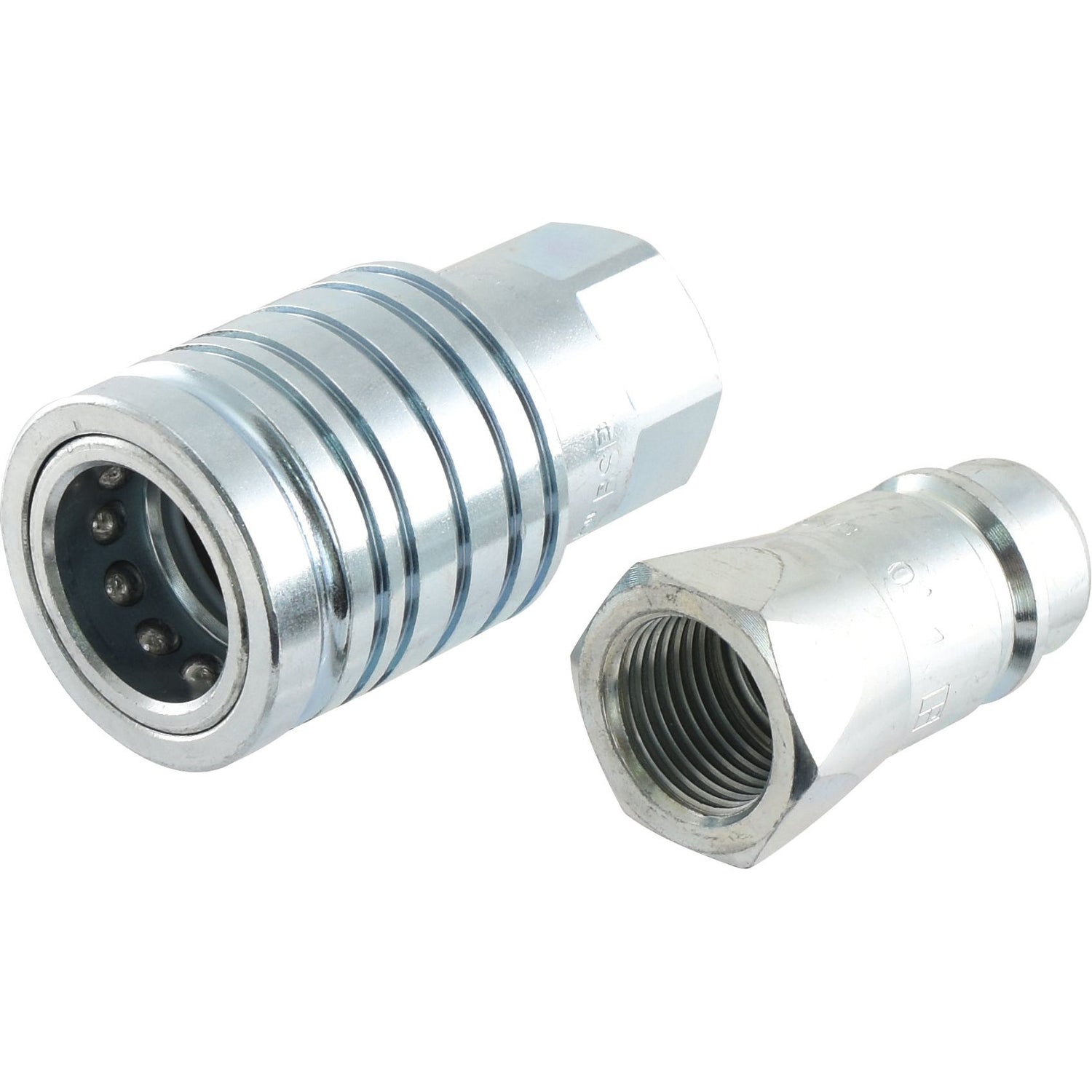 Two stainless steel hydraulic quick-connect fittings, one with a socket and one with a plug, are shown against a white background. The Sparex Quick Release Hydraulic Coupling Male/Female 1/2'' Body x 1/2'' BSP Female Thread (Sparex Part No. S.4501) features a 1/2'' BSP Female Thread for easy integration.