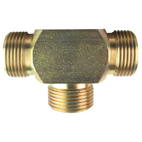 The Sparex Hydraulic Tee Adaptor (Sparex Part No.S.35088) is a brass T-shaped pipe fitting designed for connecting three pipes in plumbing or fluid systems. It features 1/4'' BSP male threads on all three ends, ensuring a secure and reliable connection.