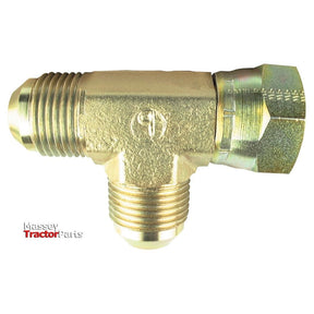 A brass Hydraulic Tee Adaptor 9/16''JIC male - 9/16''JIC female - 9/16''JIC male branch from Sparex (Sparex Part No.S.35092), designed for tractors, is shown against a plain white background with the "Massey Tractor Parts" logo in the corner. This fitting ensures secure and efficient connections for your machinery.