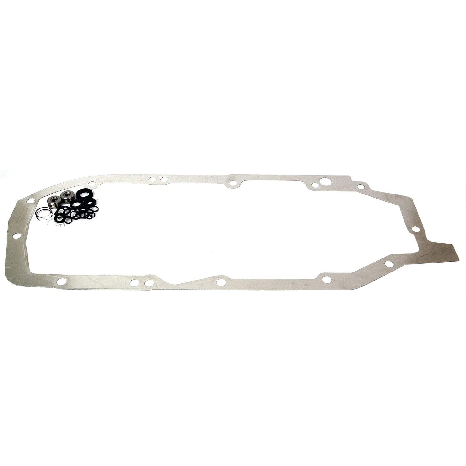 A Sparex Hydraulic Top Cover Gasket (Part No. S.58888) featuring multiple bolt holes, accompanied by a small pile of black rubber O-rings and silver washers, all isolated on a white background.