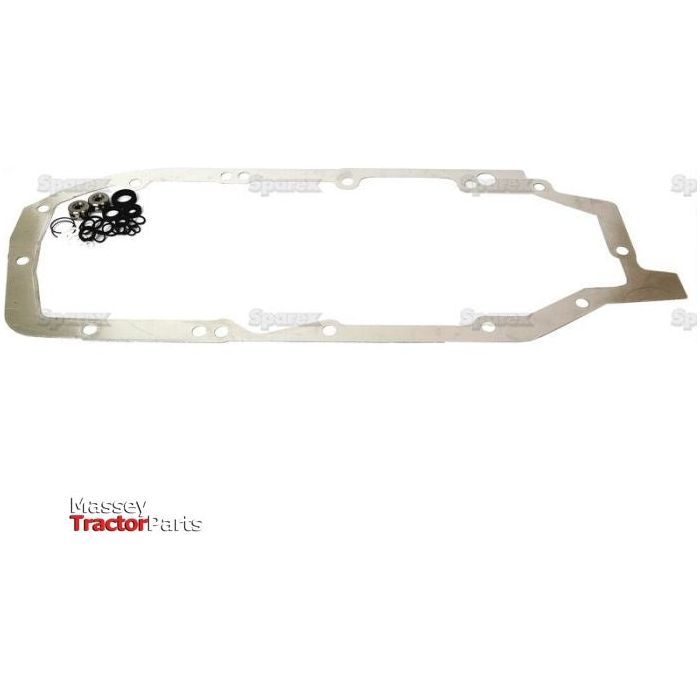 An engine gasket set with rubber seals included, laid on a white surface. The "Massey Tractor Parts" logo is displayed in the bottom left corner, featuring a Sparex Hydraulic Top Cover Gasket (Part No. S.58888).