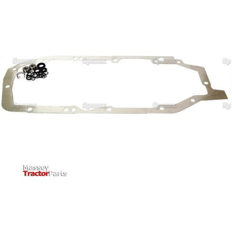 An engine gasket set with rubber seals included, laid on a white surface. The "Massey Tractor Parts" logo is displayed in the bottom left corner, featuring a Sparex Hydraulic Top Cover Gasket (Part No. S.58888).