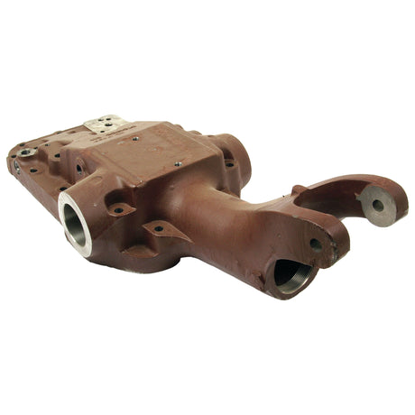 The Hydraulic Top Cover | Sparex Part No.S.42293 is a large, rust-colored metal automotive part with multiple connection points and a cylindrical opening on one end, essential for Massey Ferguson machinery.