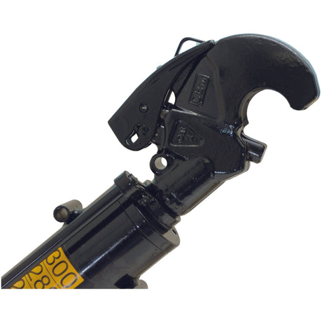 Close-up of a black hydraulic cable cutter tool head, featuring a sharp curved blade and intricate cutting mechanism. The precision engineering is akin to the robust components found in the Hydraulic Top Link (Cat.1/2) Ball and Q.R CBM Hook by Sparex, with a cylinder bore of 63mm and a minimum length of 610mm (Sparex Part No.S.331031).