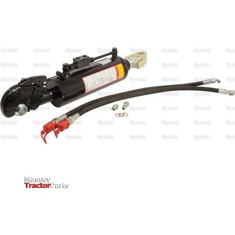 The Sparex Hydraulic Top Link (Cat. 28mm/2) Knuckle and Q.R CBM Hook, with a cylinder bore of 80mm and a minimum length of 560mm (Sparex Part No. S.399933), is shown against a white background. This ideal tractor part for agricultural machinery includes attached hoses, connectors, and features a red safety cap.