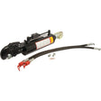 The Sparex Hydraulic Top Link (Cat.2/2) Knuckle and Q.R CBM Hook, featuring a 63mm cylinder bore and a minimum length of 600mm, comes with attached hoses, fittings, and couplings. This black cylinder includes a caution label and connectors for fluid transfer, making it ideal for tractor implement use with reliable performance. Sparex Part No.S.399911 ensures optimal efficiency for your agricultural needs.