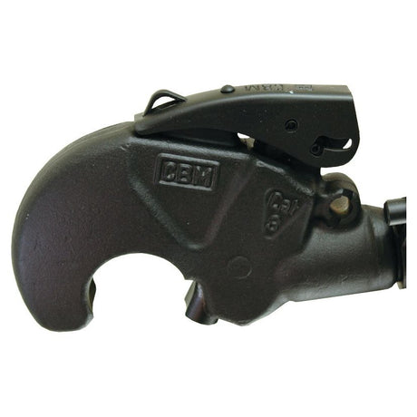 Close-up of a black mechanical pipe cutter with a clamping mechanism, showing the GBM branding and adjustment markings, right next to a Sparex Hydraulic Top Link (Cat.2/3) Knuckle and Q.R CBM Hook with a cylinder bore of 90mm and a minimum length of 690mm (Sparex Part No. S.399732).