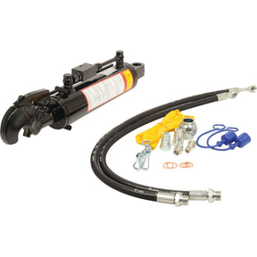 The Sparex Hydraulic Top Link (Cat.-/2) and Q.R. Hook, featuring an 80mm cylinder bore and a minimum length of 550mm (Sparex Part No.S.56795), is accompanied by attached hoses, various fittings, a yellow protective cover, and other small accessories. All items are arranged on a white background.