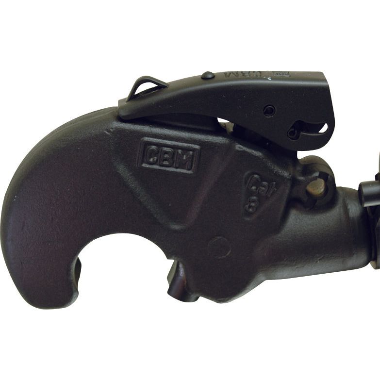 Close-up of a dark-colored metal clamp hitch with a safety latch, labeled "CBM" and "Cat 3" on its surface—a robust Sparex Hydraulic Top Link (Cat.36mm/3) Knuckle and Q.R CBM Hook designed to work seamlessly with hydraulic cylinders, featuring a 90mm cylinder bore and minimum length of 650mm. | Sparex Part No.S.331204