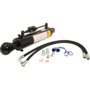 Sparex Hydraulic Top Link (Cat.-3) Knuckle and Ball with a 90mm cylinder bore and a minimum length of 640mm, featuring a 45mm rod, attached hoses, connectors, and washers displayed on a plain background. Sparex Part No.S.56809.