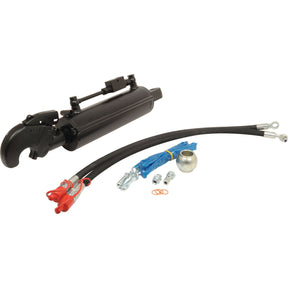 Sparex Hydraulic Top Link (Cat.-/3) Knuckle and Q.R CBM Hook, Cylinder Bore: 90mm, Min. Length: 590mm (Sparex Part No. S.56801), with attached hoses, connectors, small metal components, and both implement end and tractor end fittings, laid out on a white background.
