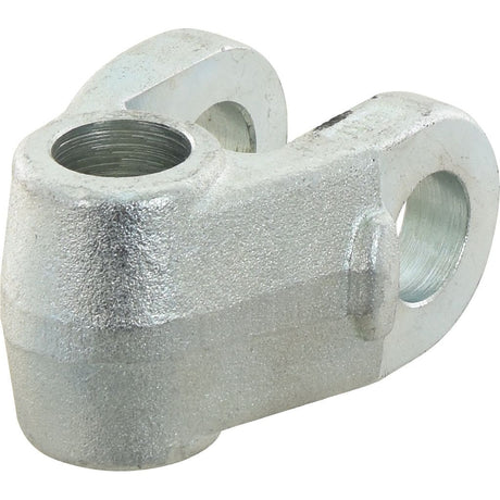 A Top Link Knuckle End - Cat. 28mm (Sparex Part No. S.10289) from Sparex, featuring threaded and unthreaded holes, including a 28mm fixing hole and an overall length of 120mm, designed for mechanical connections in automotive suspension or steering systems.
