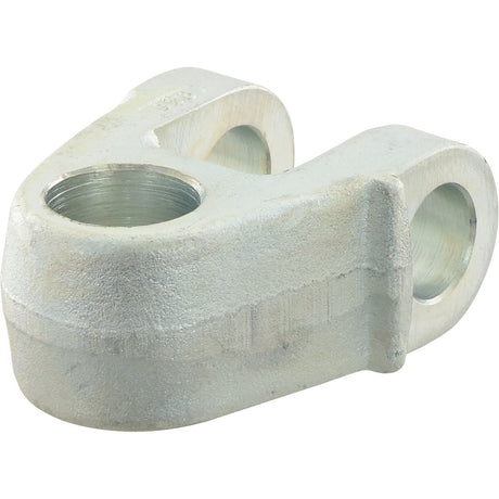 A close-up of the Top Link Knuckle End - Cat. 36mm (Sparex Part No.S.56817) featuring two 36mm fixing holes, crafted from a silver-colored metal and showcasing a smooth, unfinished surface.