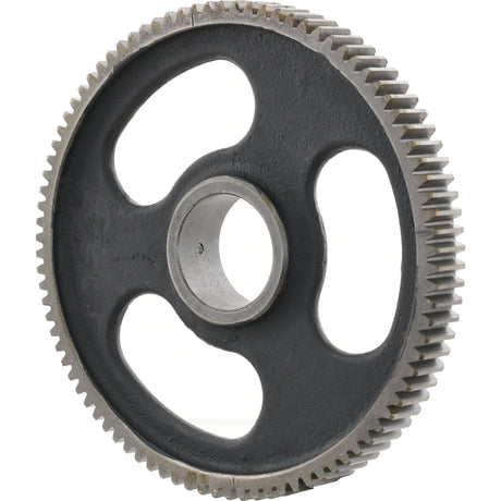 The Sparex Idler Gear - S.40523 is a metal component featuring three large cutouts, a central hole, and teeth along the perimeter, designed for use in machinery to transmit torque. It is suitable for the Perkins Build List.