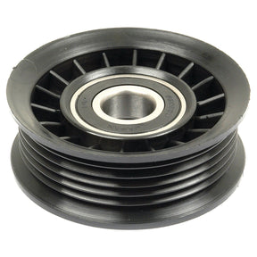 Introducing the Sparex Idler Pulley (Sparex Part No. S.66486), a black plastic pulley with a metal bearing and multiple grooves around its circumference, perfectly compatible with Ford / New Holland models.