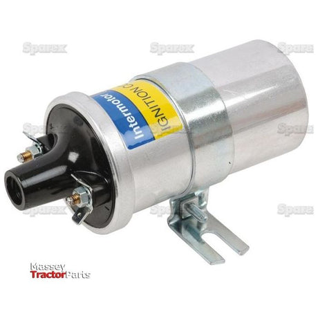 The Sparex Ignition Coil 12V (Part No. S.42377) features a silver coil with a black connector and a yellow label, mounted on a metal bracket. This model, which accommodates screw-in leads, is perfect for Massey Ferguson tractors. The background includes the faint watermark of "Sparex.