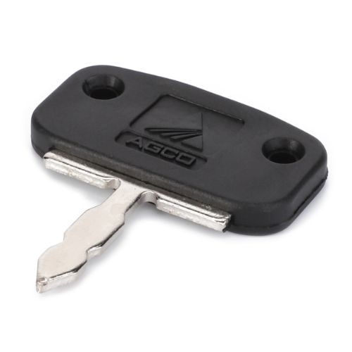 A small Massey Ferguson ignition key, product code 3813361M1, with a black plastic head featuring the AGCO logo and two holes on either side, perfect for various Massey Ferguson tractor models.