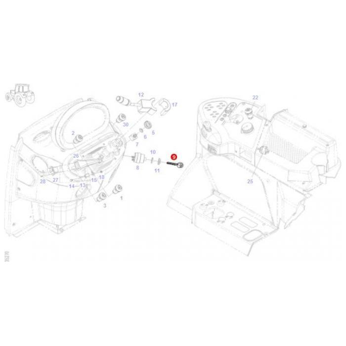 Exploded diagram of a Fendt Vario dashboard assembly showcasing various numbered parts and components, including the dashboard structure, instrument panel area, and related hardware elements like the AGCO Fendt Ignition Key (Product Code: F210902020010).